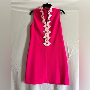 Vince Camuto Hot Pink, white lace midi dress